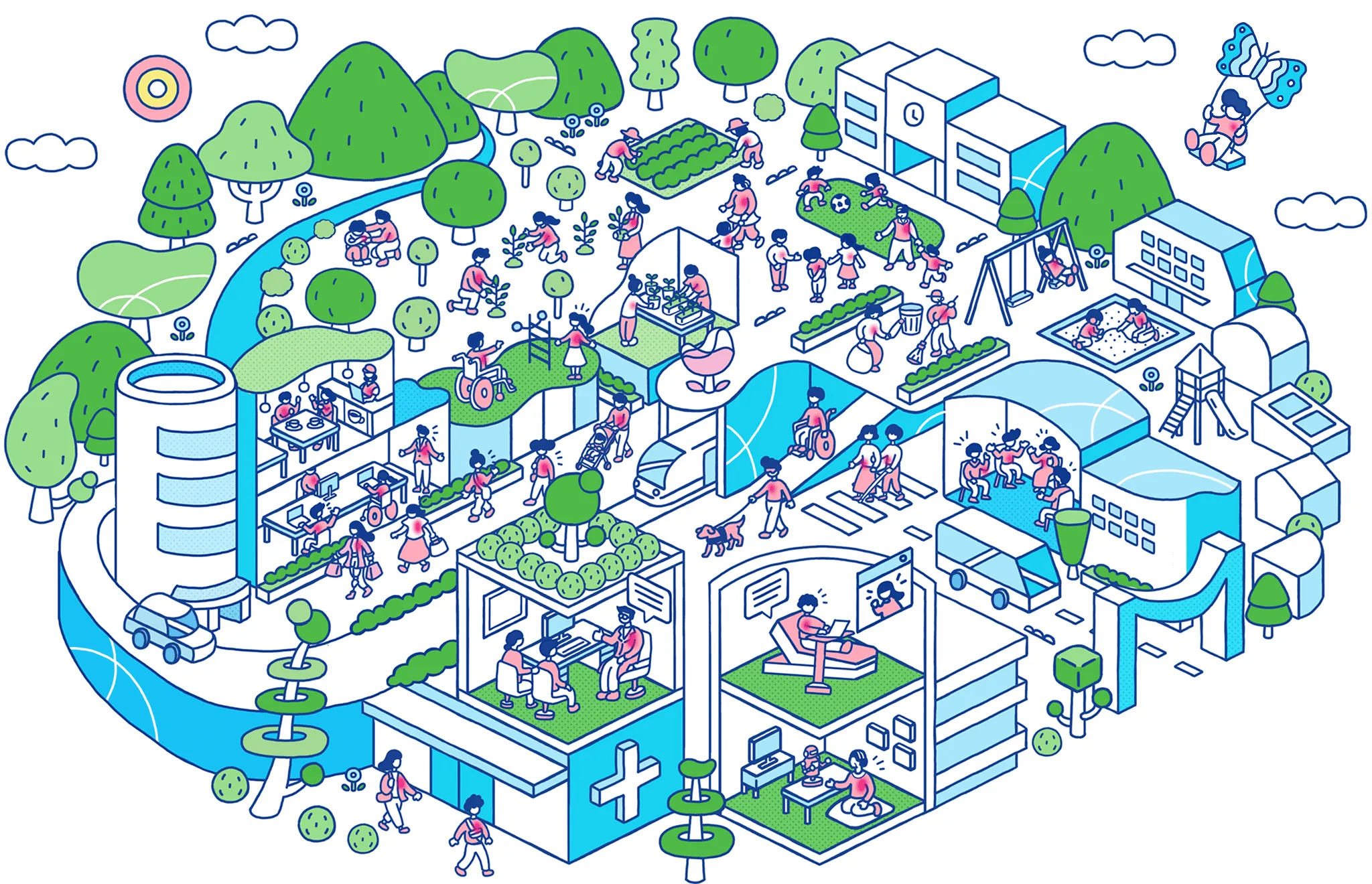 生き生きと暮らす人たちで溢れる社会のイラスト